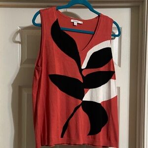 Chico's Coral Tank Top with Black and White Leaf Pattern